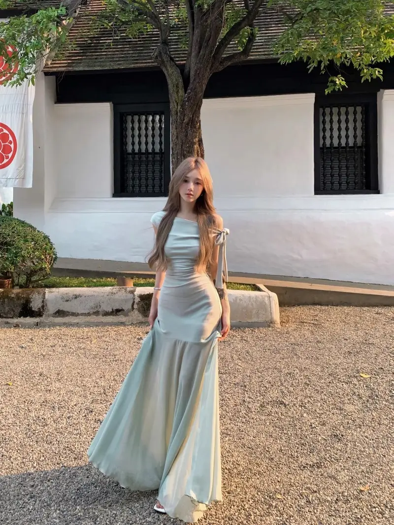 French Off-Shoulder Slanted Shoulder Green Dress for Women Summer 2025 New Style Small Tulle Fishtail Hip-Hugging Long Skirt — feature 5