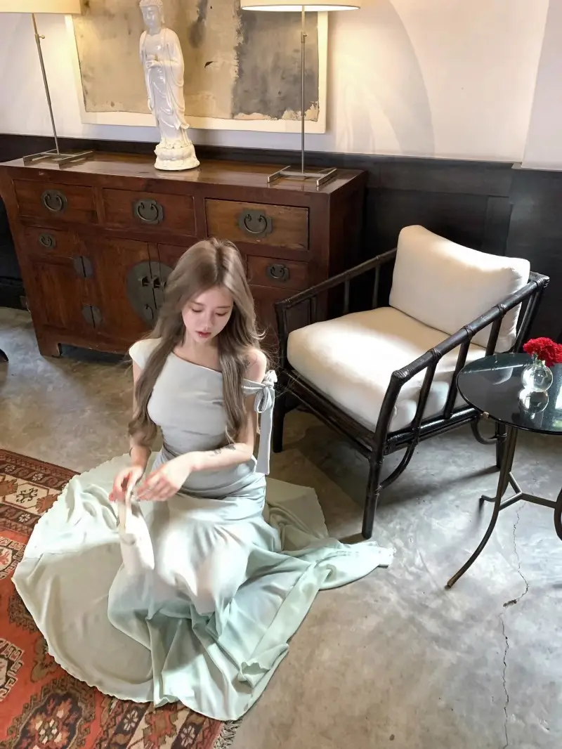 French Off-Shoulder Slanted Shoulder Green Dress for Women Summer 2025 New Style Small Tulle Fishtail Hip-Hugging Long Skirt — feature 9