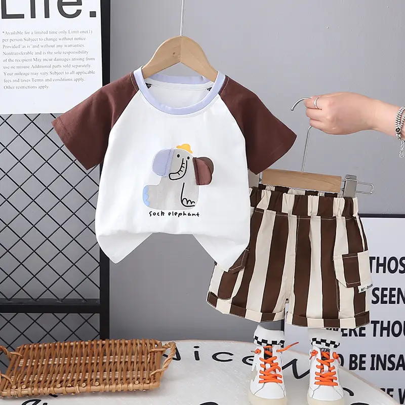 Children Summer Suit Cartoon Raglan Sleeve Thin Short-Sleeved T-Shirt Baby Stripesd Shorts Korean Style Two-Piece Set - Image 5