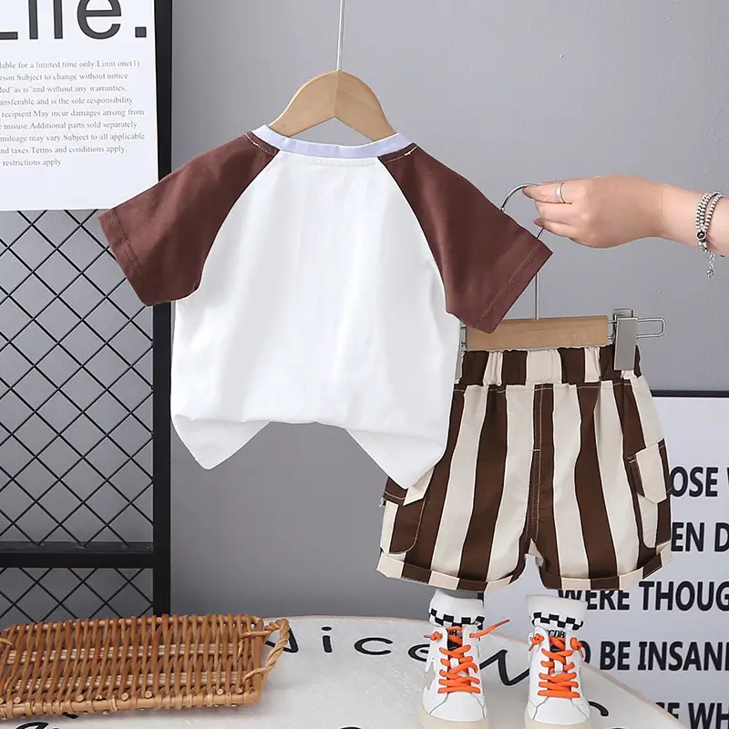 Children Summer Suit Cartoon Raglan Sleeve Thin Short-Sleeved T-Shirt Baby Stripesd Shorts Korean Style Two-Piece Set - Image 6