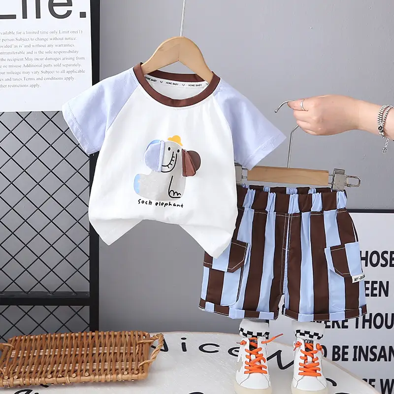 Children Summer Suit Cartoon Raglan Sleeve Thin Short-Sleeved T-Shirt Baby Stripesd Shorts Korean Style Two-Piece Set — feature 1