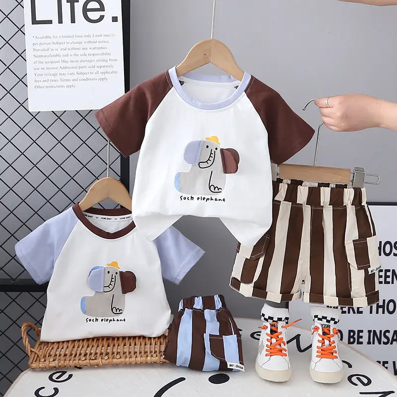 Children Summer Suit Cartoon Raglan Sleeve Thin Short-Sleeved T-Shirt Baby Stripesd Shorts Korean Style Two-Piece Set — feature 3