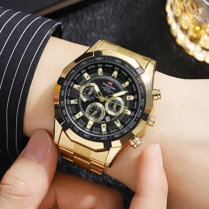 Men's Gold Chronograph Watch with Calendar & Stainless Steel Band - Image 6