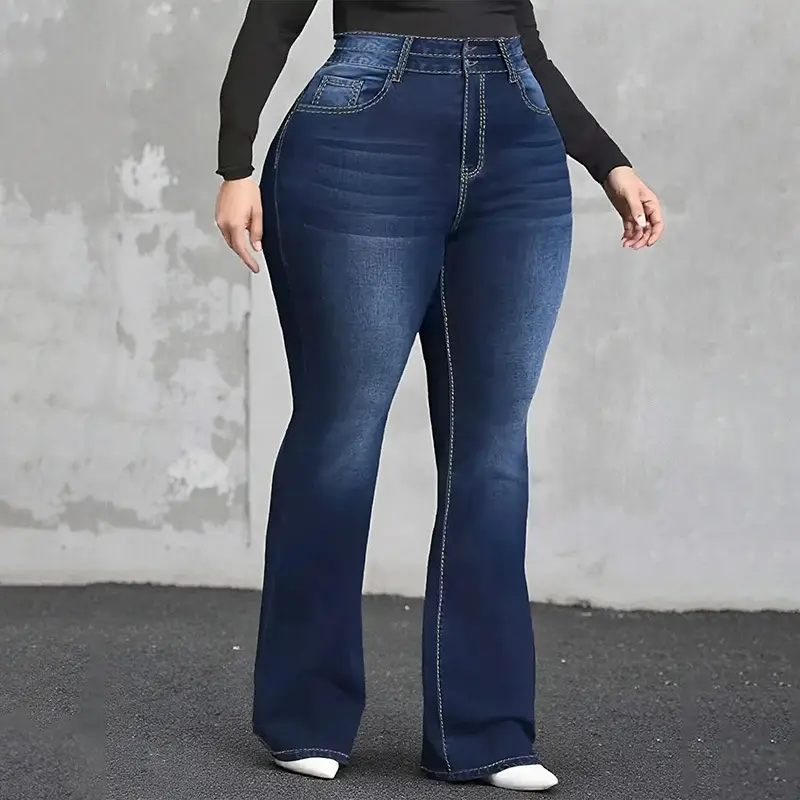 Dark Blue High Waist Flared Jeans for Women Plus Size
