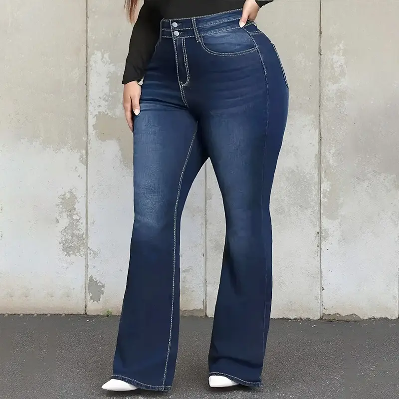 Dark Blue High Waist Flared Jeans for Women Plus Size