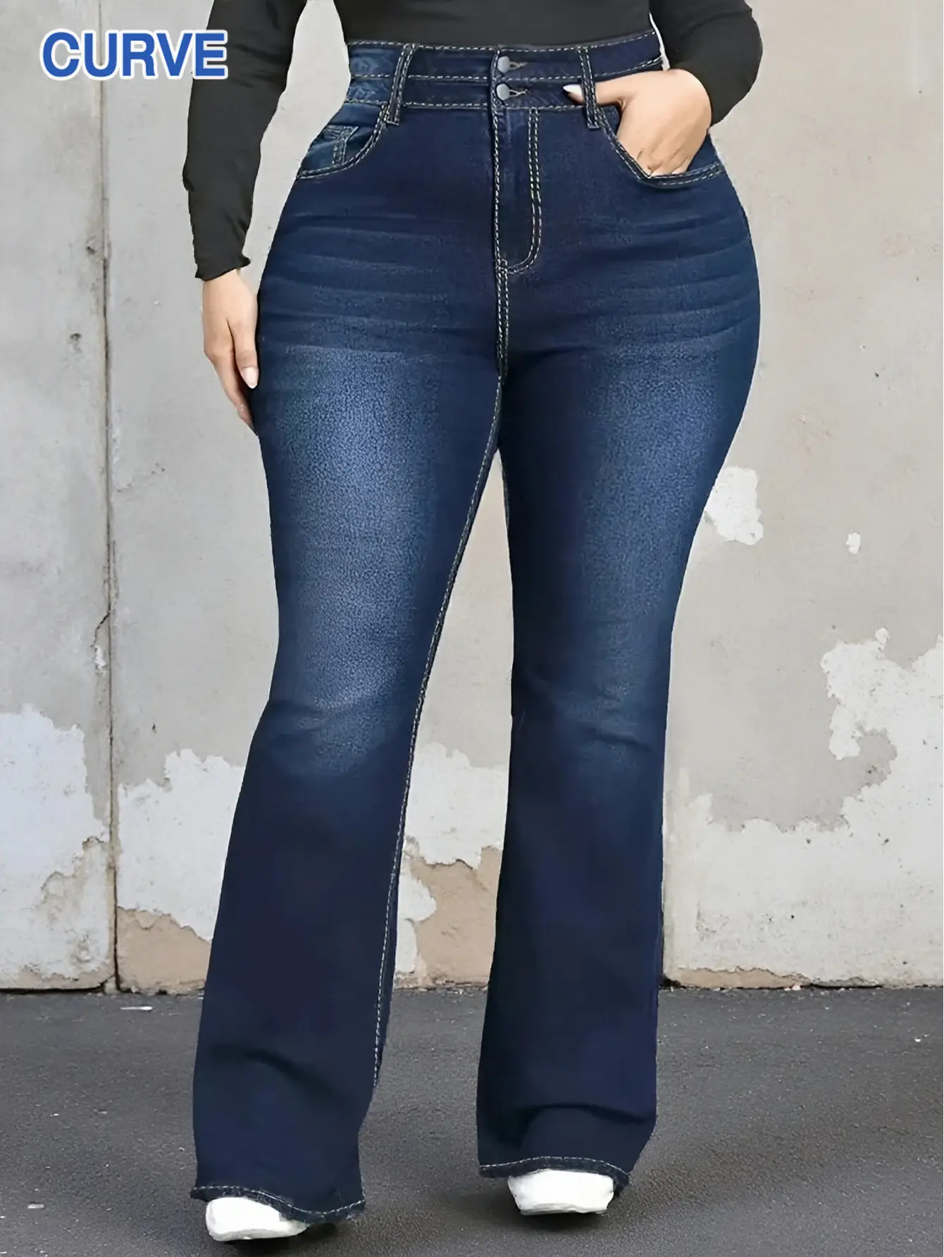 Dark Blue High Waist Flared Jeans for Women Plus Size — feature 6