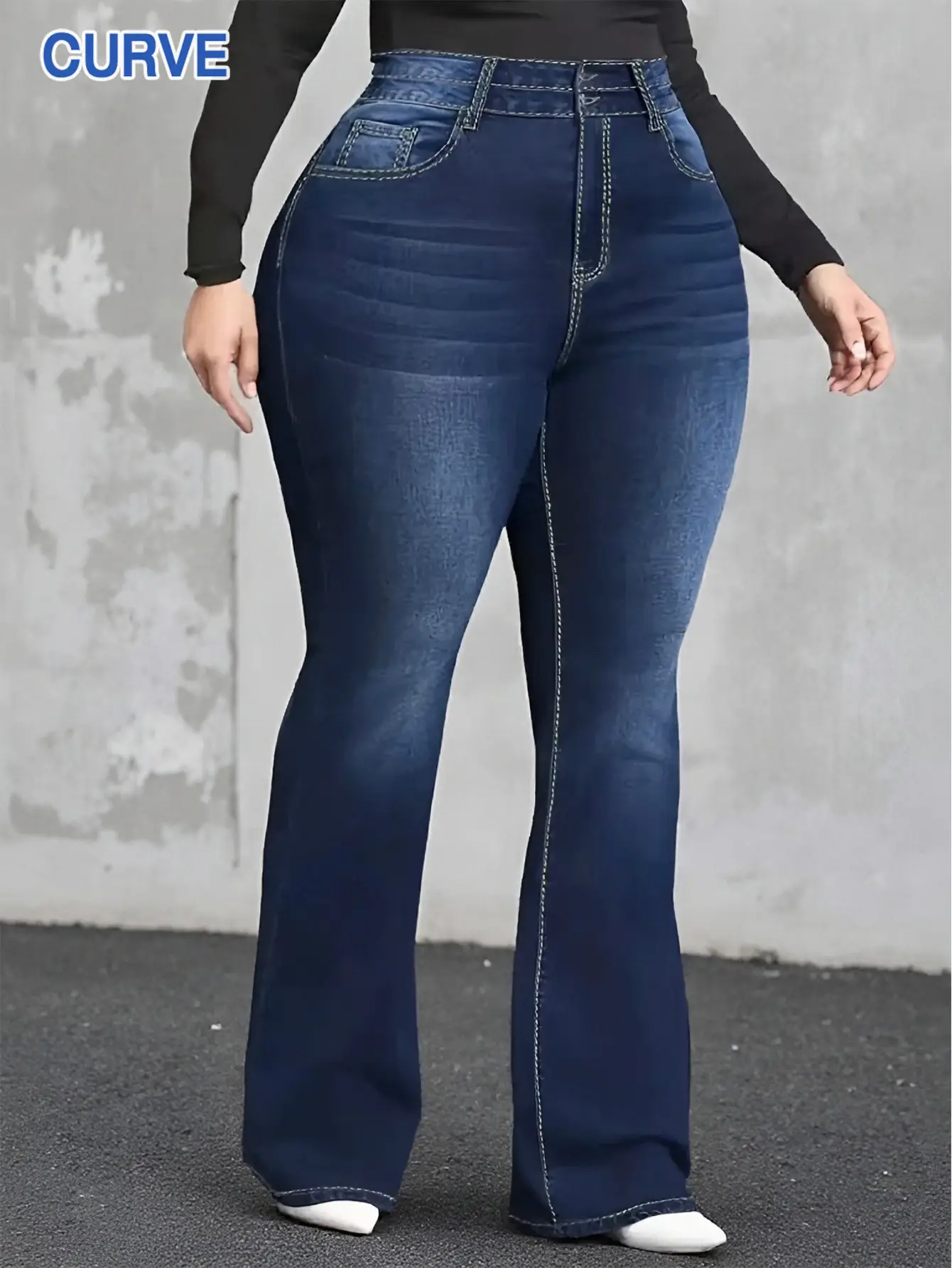 Dark Blue High Waist Flared Jeans for Women Plus Size — feature 7