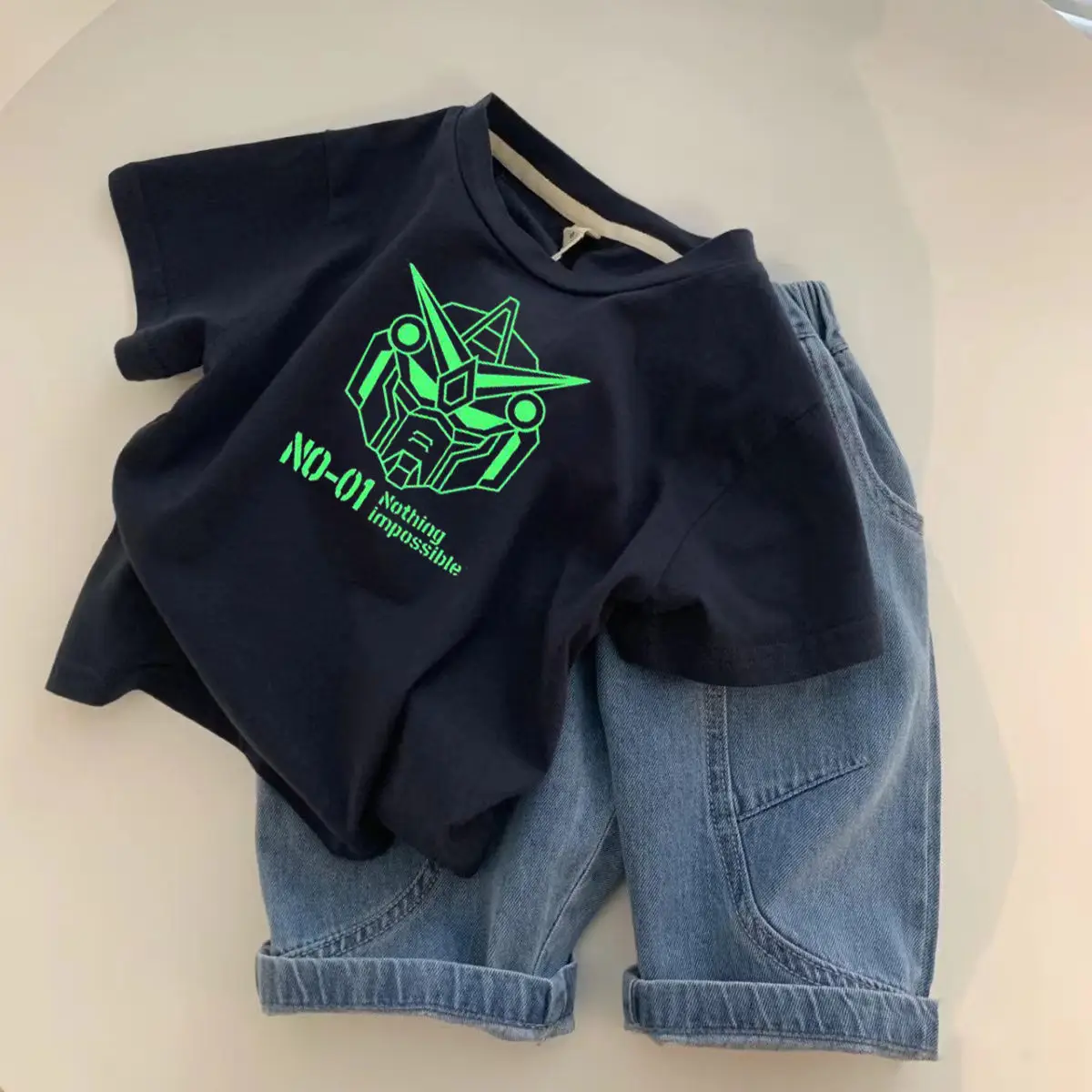 Boys Black Graphic T-Shirt with Denim Shorts - Image 23