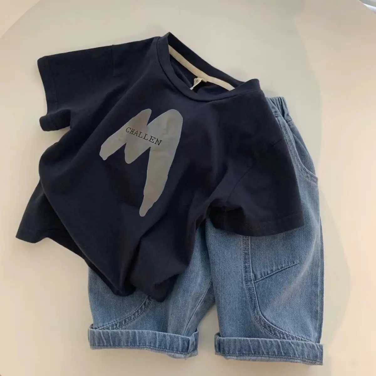 Boys Black Graphic T-Shirt with Denim Shorts — feature 16