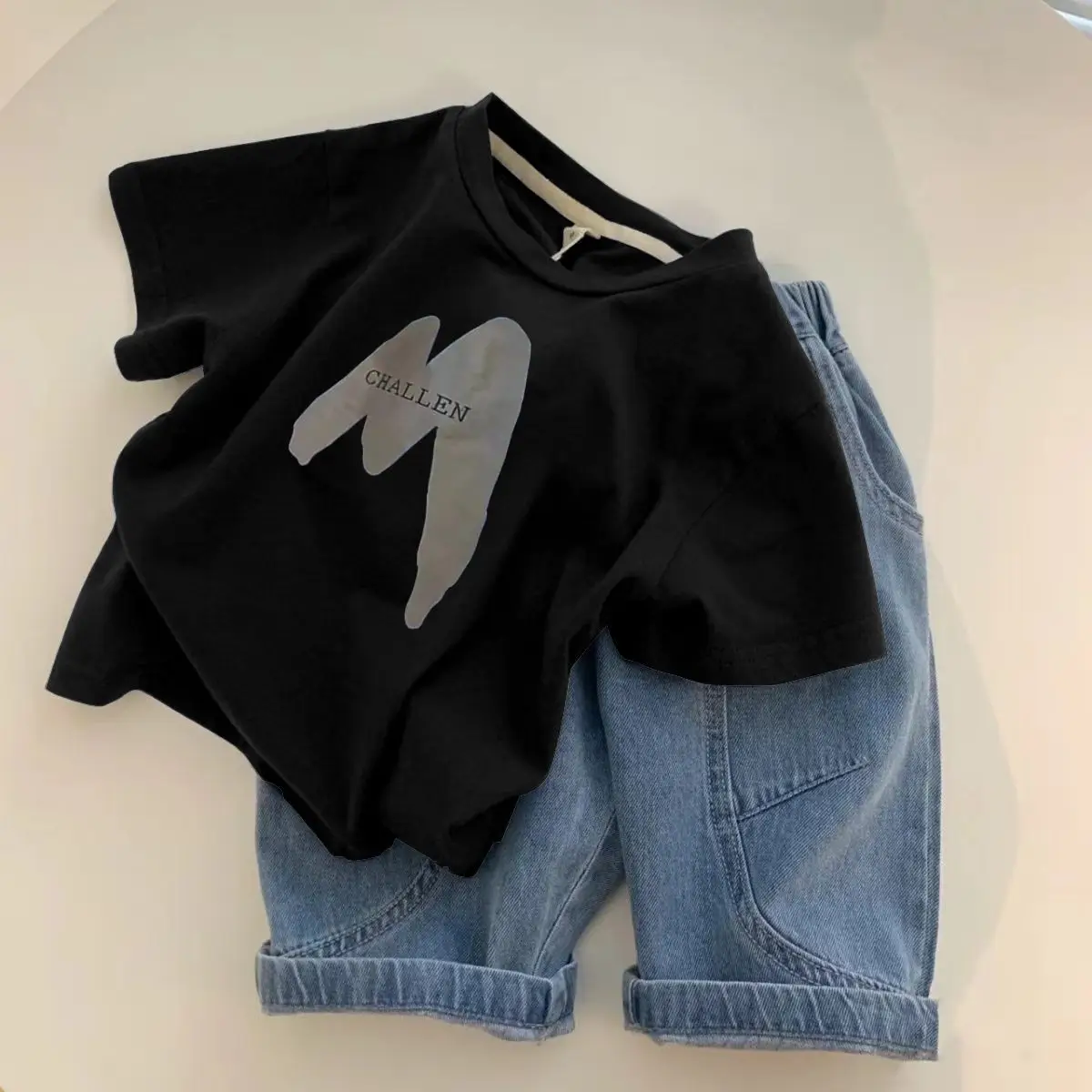 Boys Black Graphic T-Shirt with Denim Shorts — feature 2