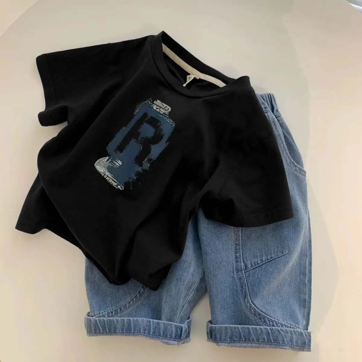 Boys Black Graphic T-Shirt with Denim Shorts — feature 3