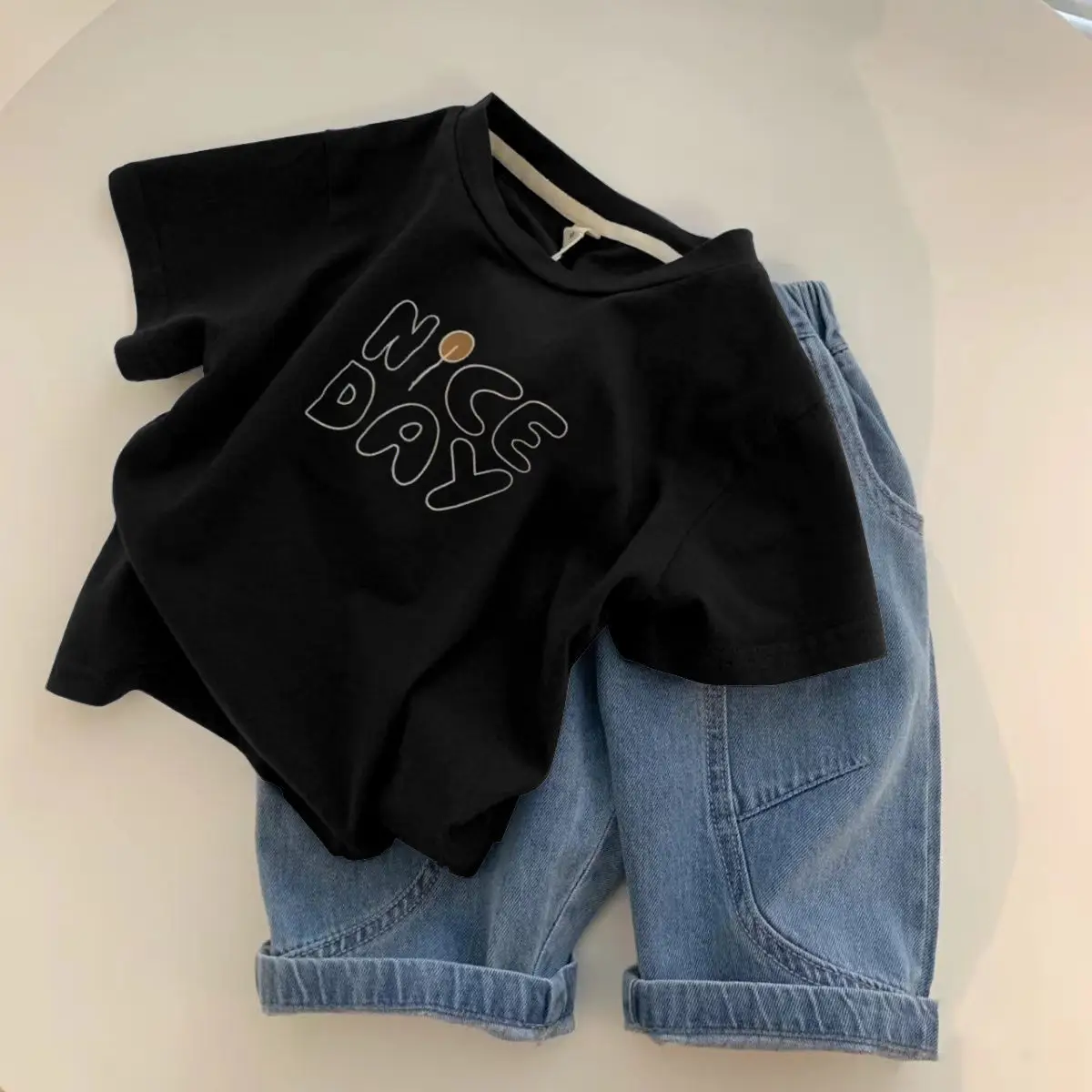 Boys Black Graphic T-Shirt with Denim Shorts — feature 6