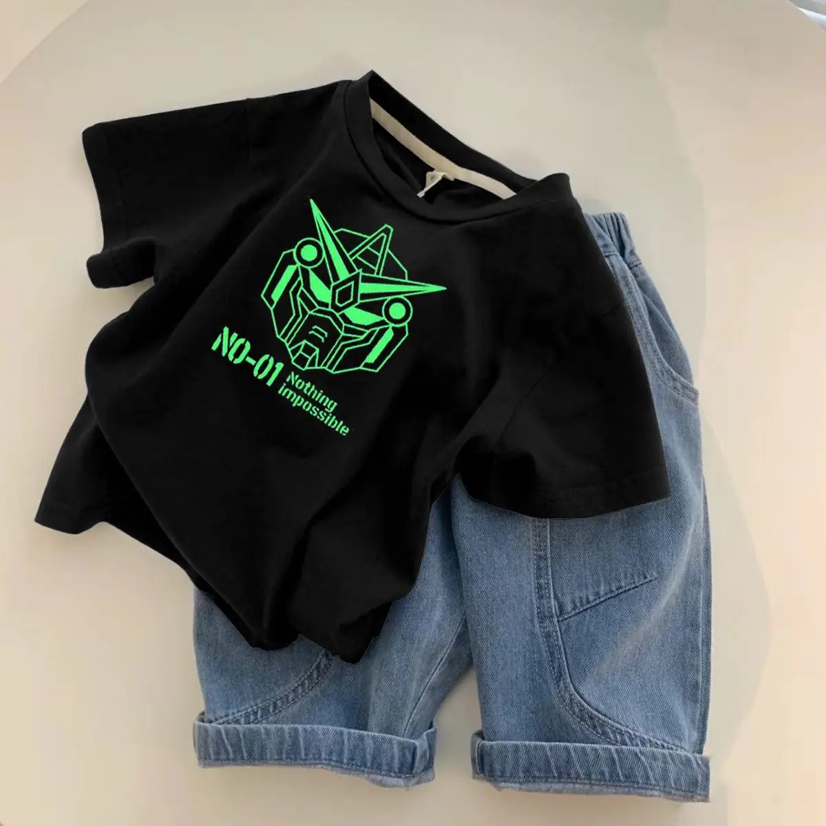 Boys Black Graphic T-Shirt with Denim Shorts - Image 15