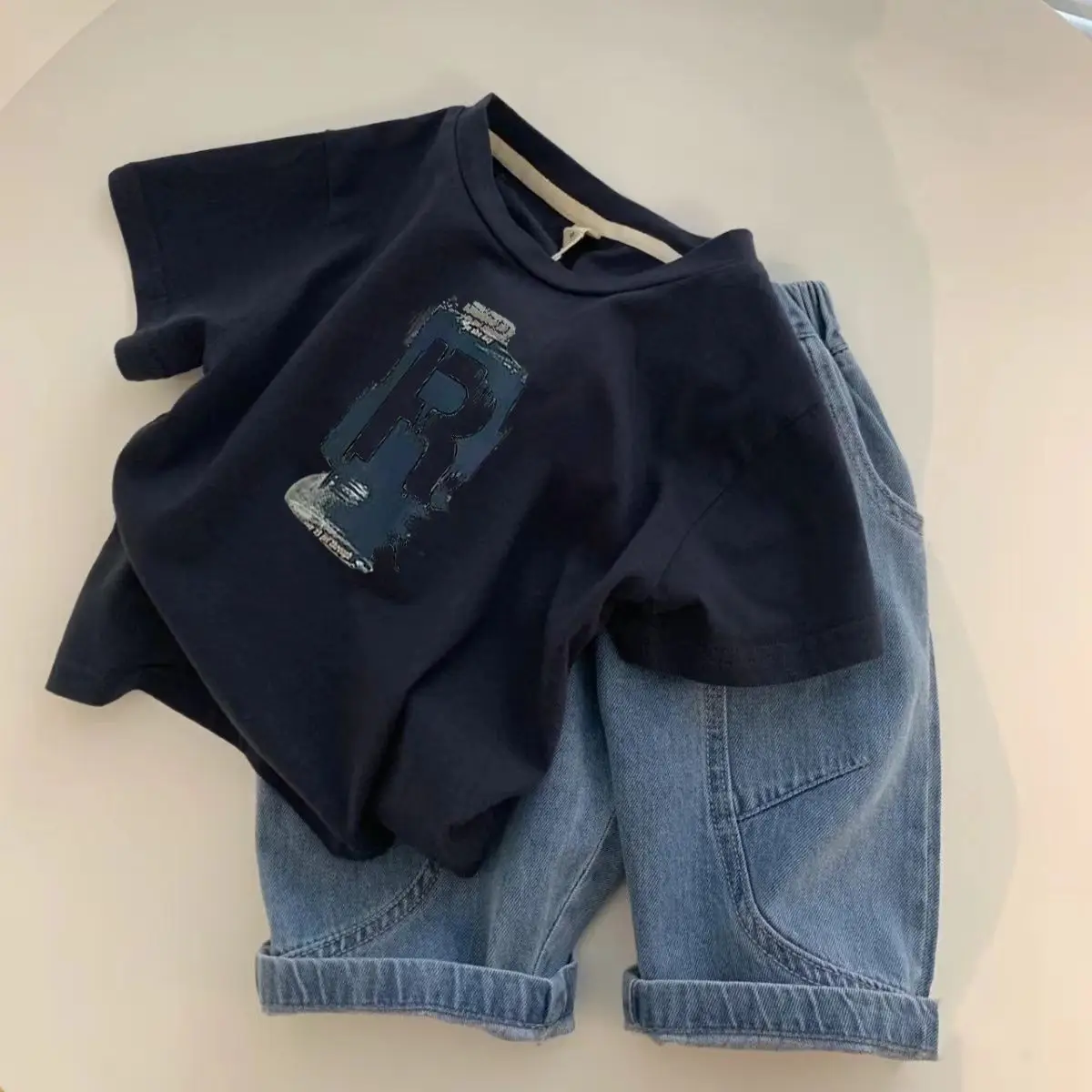 Boys Black Graphic T-Shirt with Denim Shorts - Image 4