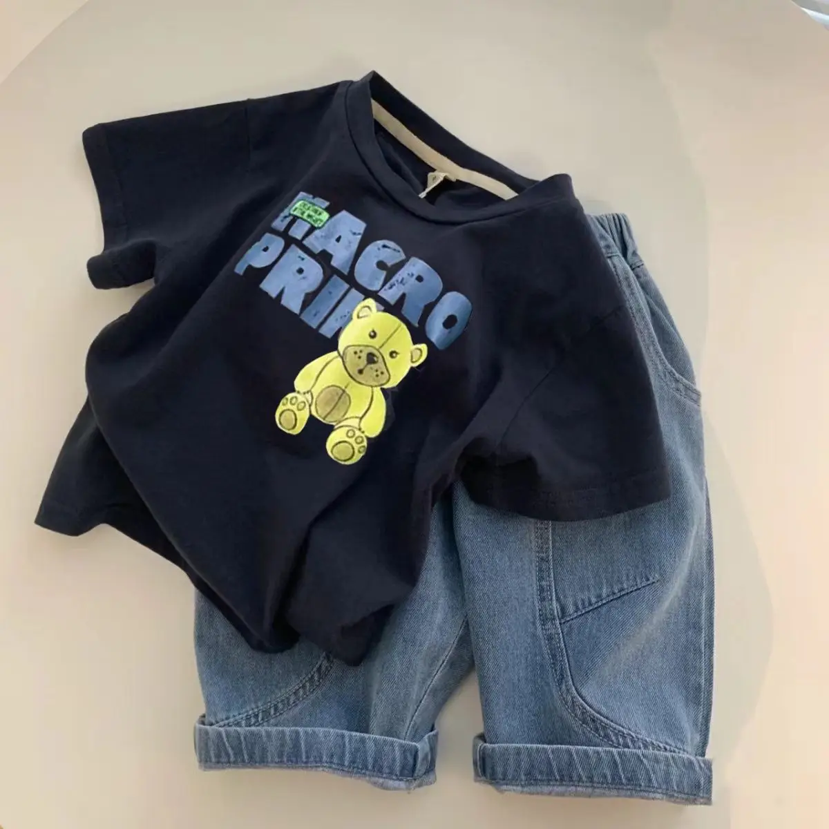 Boys Black Graphic T-Shirt with Denim Shorts - Image 6