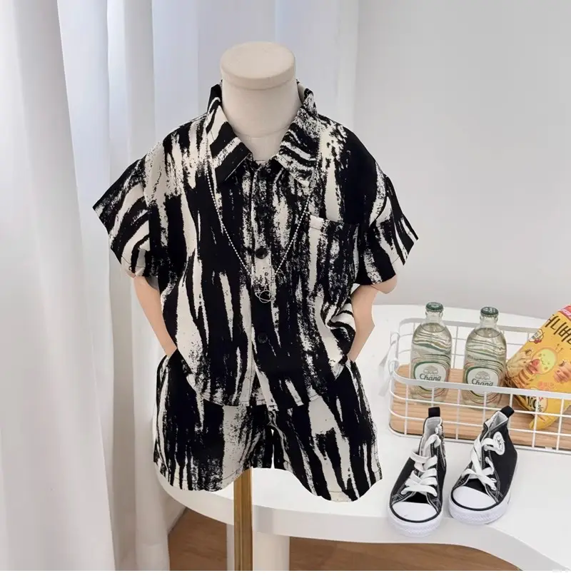 2026 Boys Summer T-Shirt Set Black White Striped Short Sleeve — feature 3