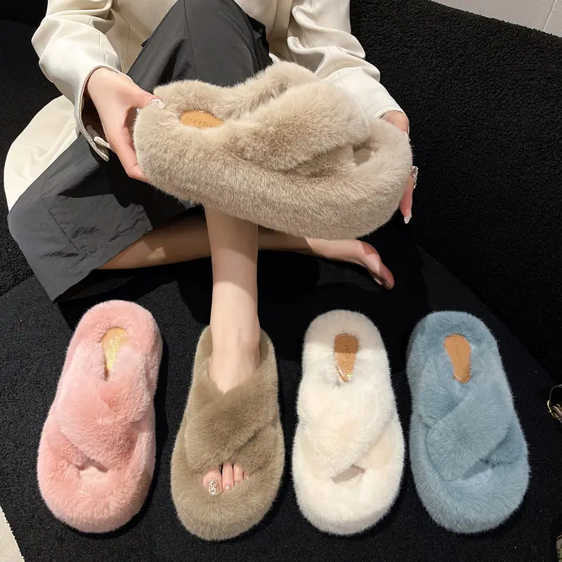 Foreign Trade Home 42 Large Size Cross Strap Furry Slippers for Women 2025 Autumn and Winter New Outer Wear Thick-Soled Cotton Slippers Wholesale
