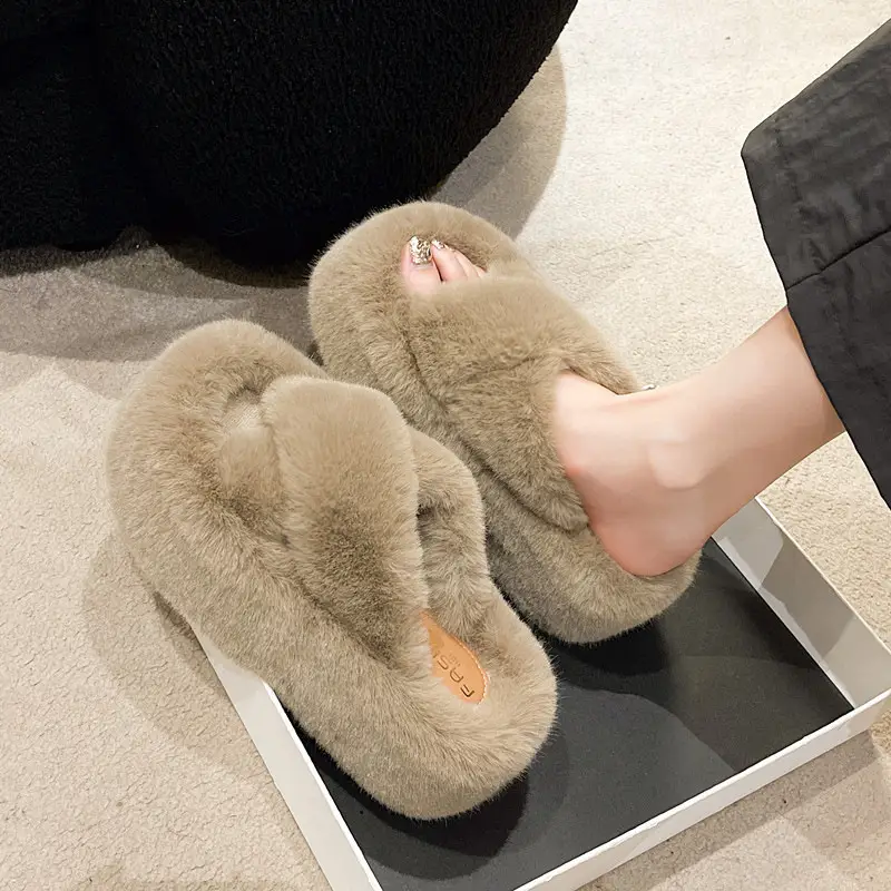Foreign Trade Home 42 Large Size Cross Strap Furry Slippers for Women 2025 Autumn and Winter New Outer Wear Thick-Soled Cotton Slippers Wholesale