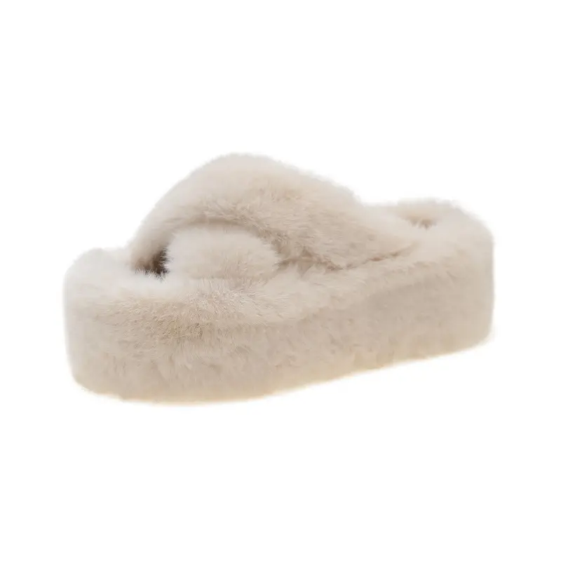 Foreign Trade Home 42 Large Size Cross Strap Furry Slippers for Women 2025 Autumn and Winter New Outer Wear Thick-Soled Cotton Slippers Wholesale