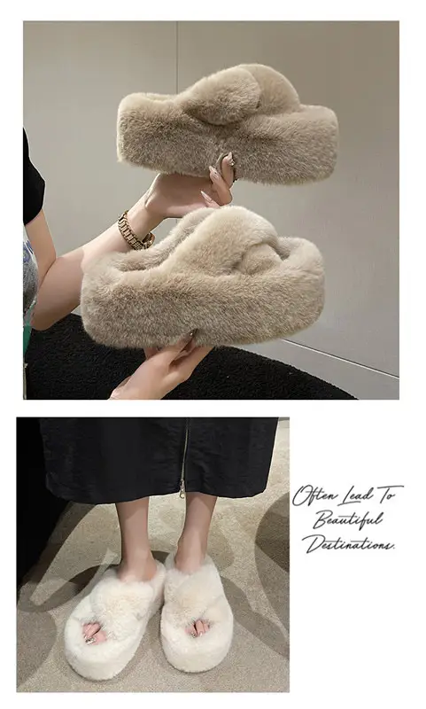 Foreign Trade Home 42 Large Size Cross Strap Furry Slippers for Women 2025 Autumn and Winter New Outer Wear Thick-Soled Cotton Slippers Wholesale — feature 10