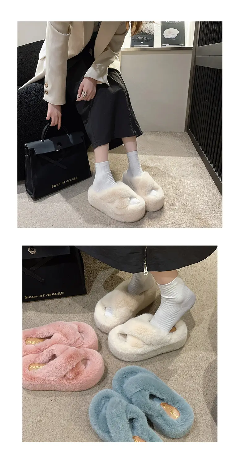 Foreign Trade Home 42 Large Size Cross Strap Furry Slippers for Women 2025 Autumn and Winter New Outer Wear Thick-Soled Cotton Slippers Wholesale — feature 11