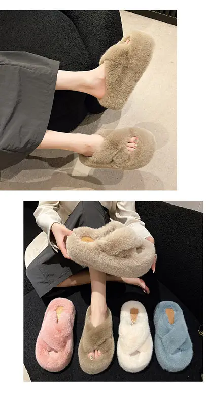 Foreign Trade Home 42 Large Size Cross Strap Furry Slippers for Women 2025 Autumn and Winter New Outer Wear Thick-Soled Cotton Slippers Wholesale — feature 17