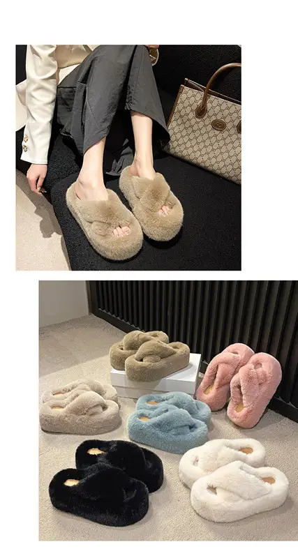 Foreign Trade Home 42 Large Size Cross Strap Furry Slippers for Women 2025 Autumn and Winter New Outer Wear Thick-Soled Cotton Slippers Wholesale — feature 18