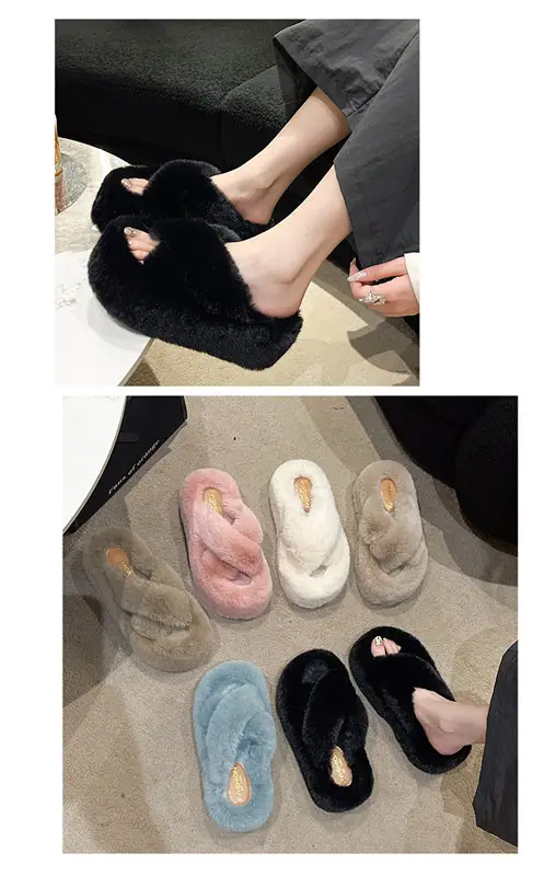 Foreign Trade Home 42 Large Size Cross Strap Furry Slippers for Women 2025 Autumn and Winter New Outer Wear Thick-Soled Cotton Slippers Wholesale — feature 9