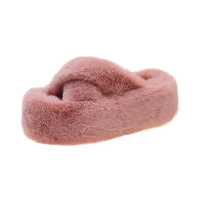 Foreign Trade Home 42 Large Size Cross Strap Furry Slippers for Women 2025 Autumn and Winter New Outer Wear Thick-Soled Cotton Slippers Wholesale