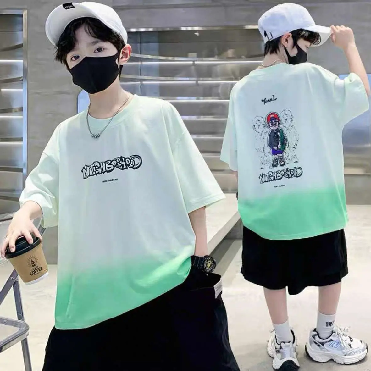 Boys Kids Printed T-Shirt Green Gradient Medium Large - Image 4