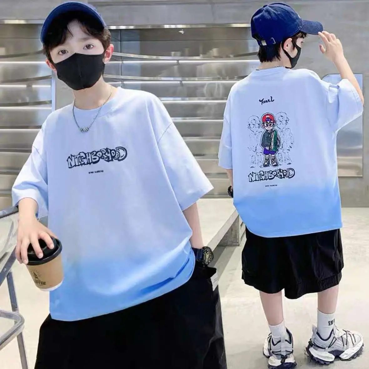 Boys Kids Printed T-Shirt Green Gradient Medium Large - Image 5
