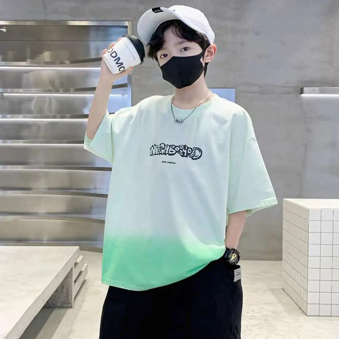 Boys Kids Printed T-Shirt Green Gradient Medium Large - Image 6
