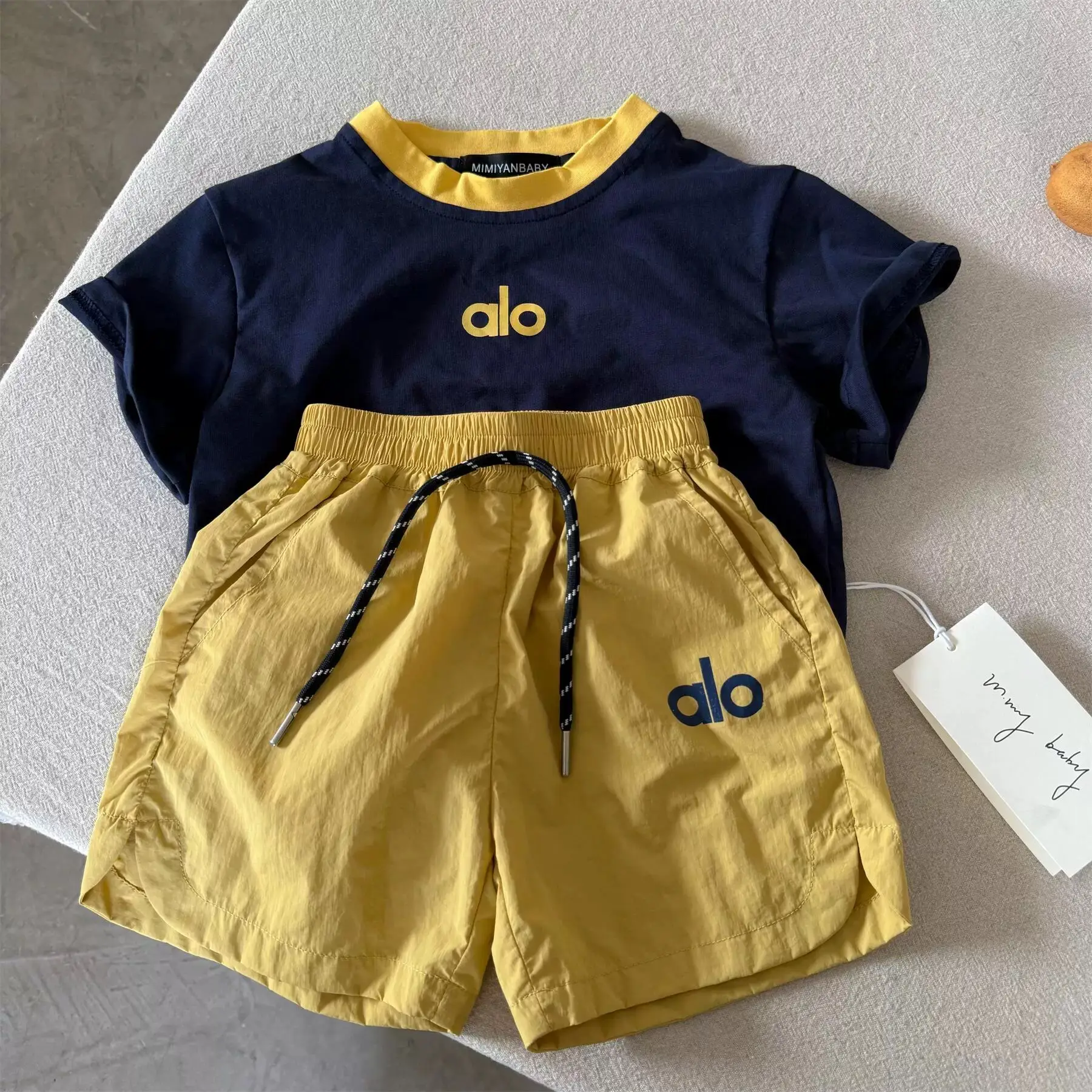 2025 New Kids Shorts Set Navy Yellow Contrasting Two-Piece - Image 3