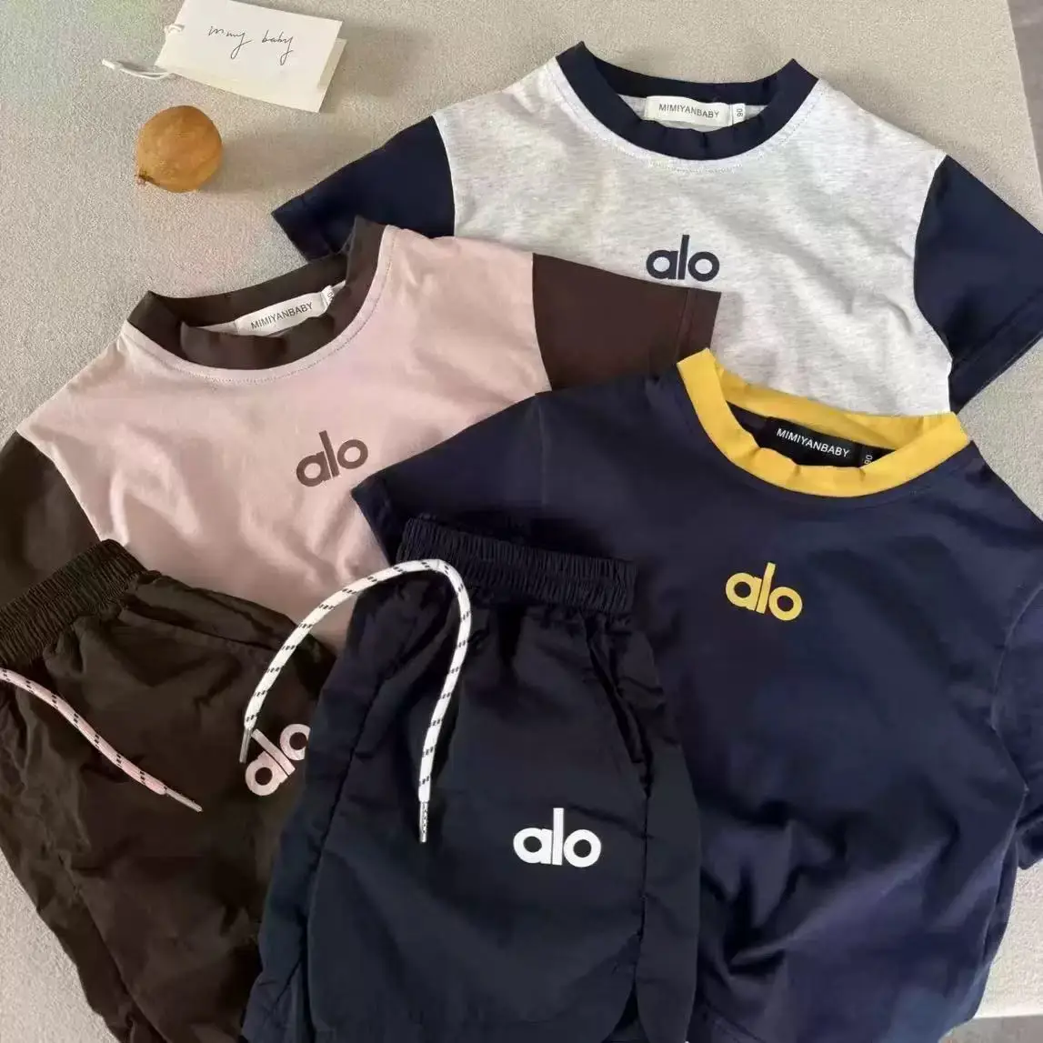 2025 New Kids Shorts Set Navy Yellow Contrasting Two-Piece - Image 4