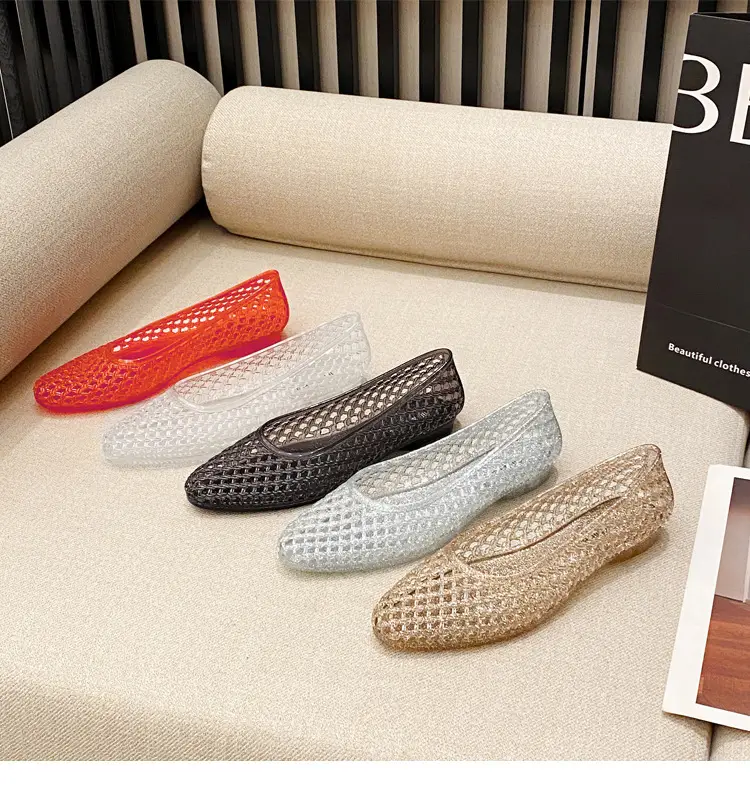 Korean Jelly Shoes, Shallow Mouth Flats, Crystal Pvc Outdoor Casual Pointed Toe Sandals and Slippers, One-Leg Cut Out Dance Shoes — feature 1