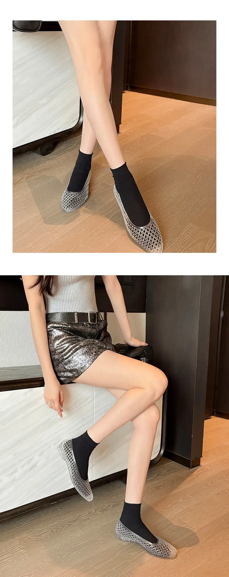Korean Jelly Shoes, Shallow Mouth Flats, Crystal Pvc Outdoor Casual Pointed Toe Sandals and Slippers, One-Leg Cut Out Dance Shoes — feature 16