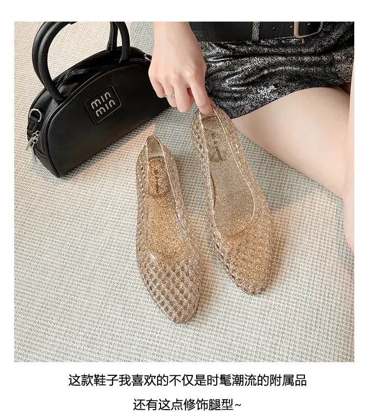 Korean Jelly Shoes, Shallow Mouth Flats, Crystal Pvc Outdoor Casual Pointed Toe Sandals and Slippers, One-Leg Cut Out Dance Shoes — feature 4