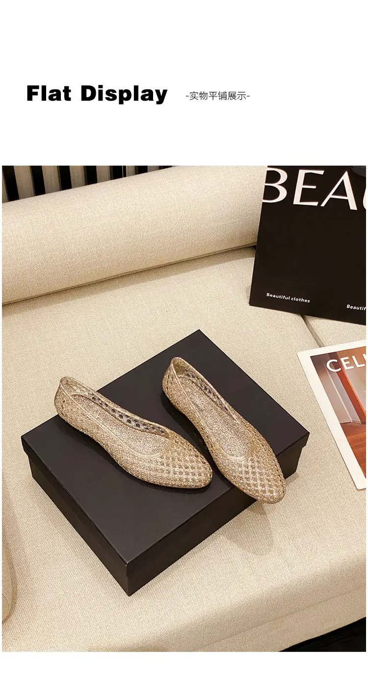 Korean Jelly Shoes, Shallow Mouth Flats, Crystal Pvc Outdoor Casual Pointed Toe Sandals and Slippers, One-Leg Cut Out Dance Shoes — feature 41
