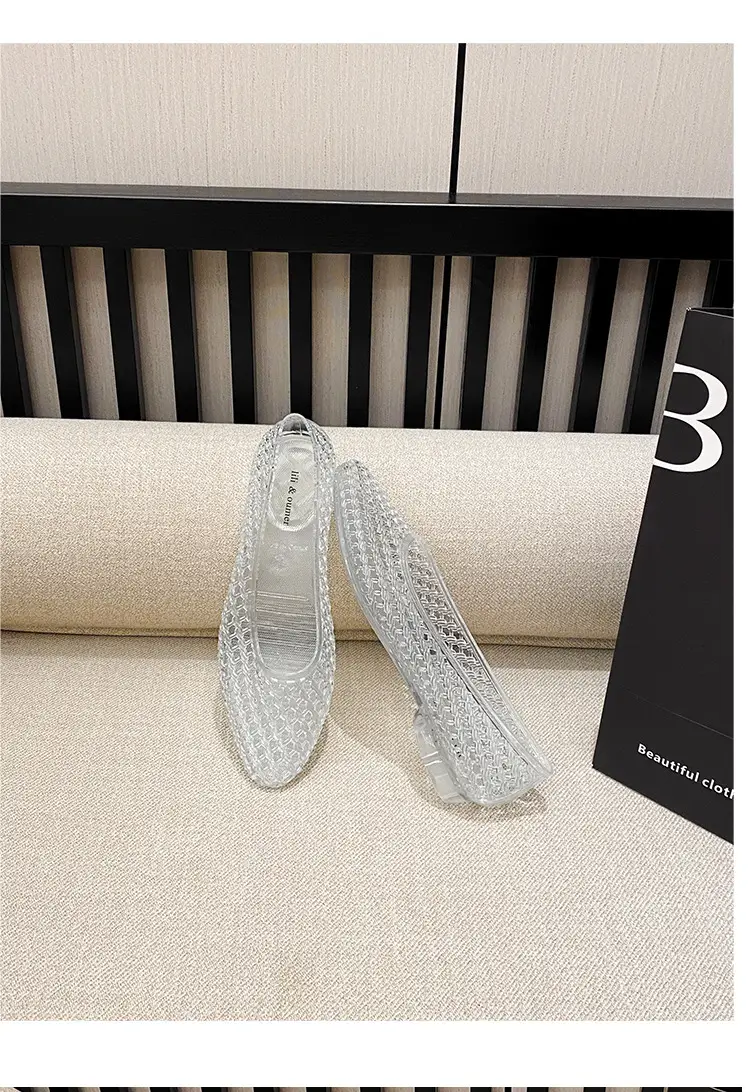 Korean Jelly Shoes, Shallow Mouth Flats, Crystal Pvc Outdoor Casual Pointed Toe Sandals and Slippers, One-Leg Cut Out Dance Shoes — feature 46