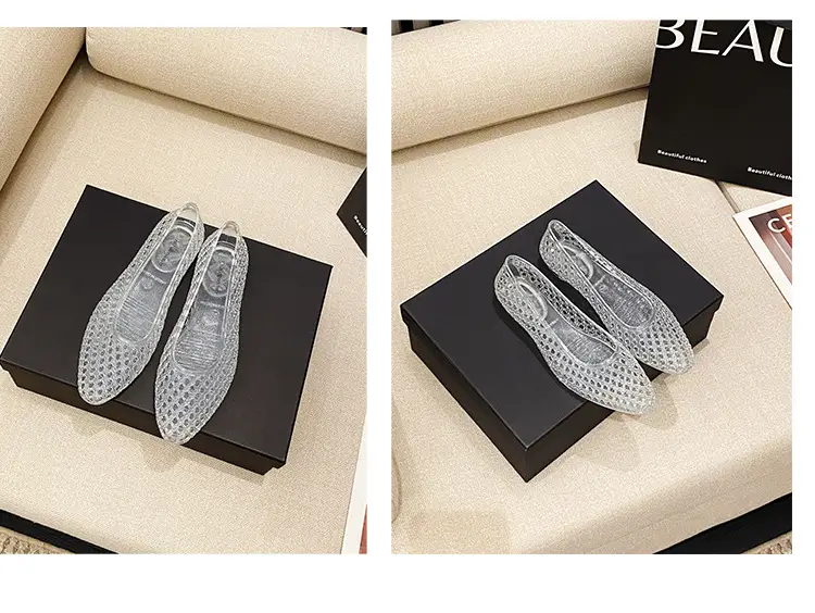 Korean Jelly Shoes, Shallow Mouth Flats, Crystal Pvc Outdoor Casual Pointed Toe Sandals and Slippers, One-Leg Cut Out Dance Shoes — feature 47