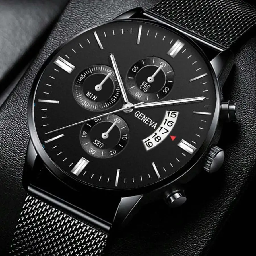 Men's Black Chronograph Watch with 3-Eye Calendar & Quartz Belt