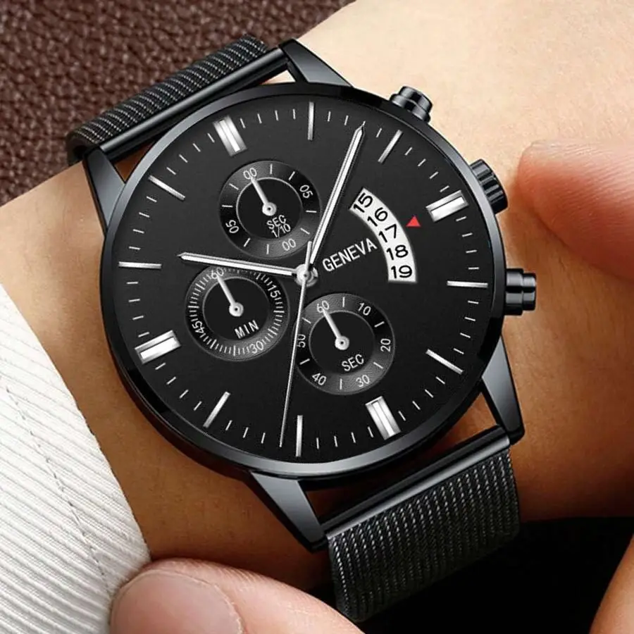 Men's Black Chronograph Watch with 3-Eye Calendar & Quartz Belt