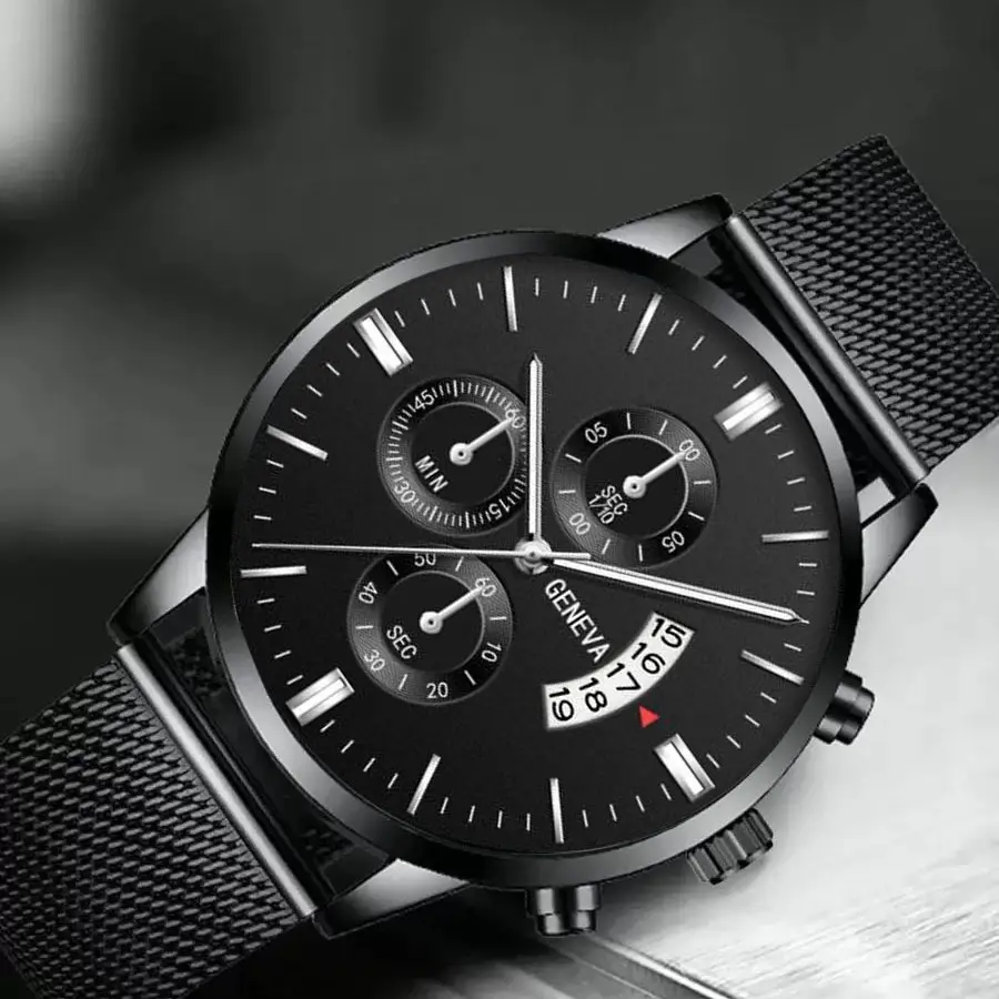 Men's Black Chronograph Watch with 3-Eye Calendar & Quartz Belt