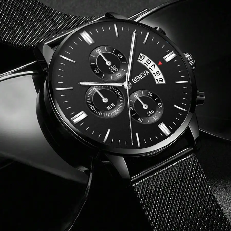 Men's Black Chronograph Watch with 3-Eye Calendar & Quartz Belt