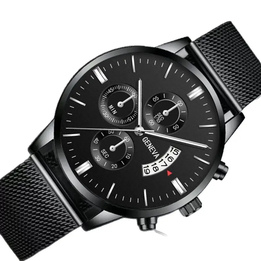 Men's Black Chronograph Watch with 3-Eye Calendar & Quartz Belt