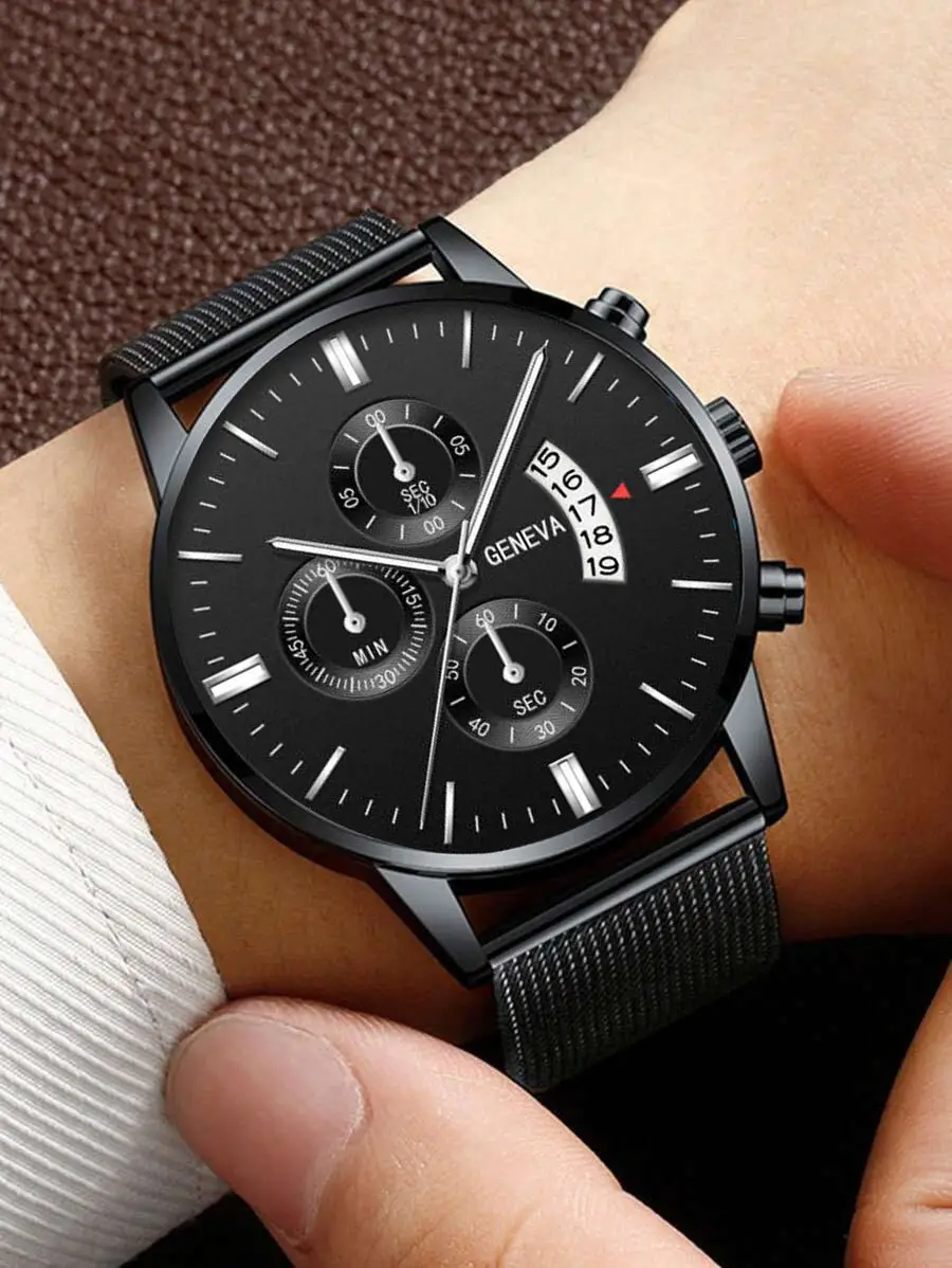 Men's Black Chronograph Watch with 3-Eye Calendar & Quartz Belt — feature 1