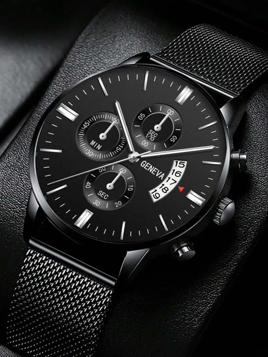 Men's Black Chronograph Watch with 3-Eye Calendar & Quartz Belt — feature 2