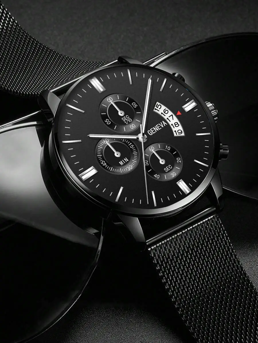 Men's Black Chronograph Watch with 3-Eye Calendar & Quartz Belt — feature 3