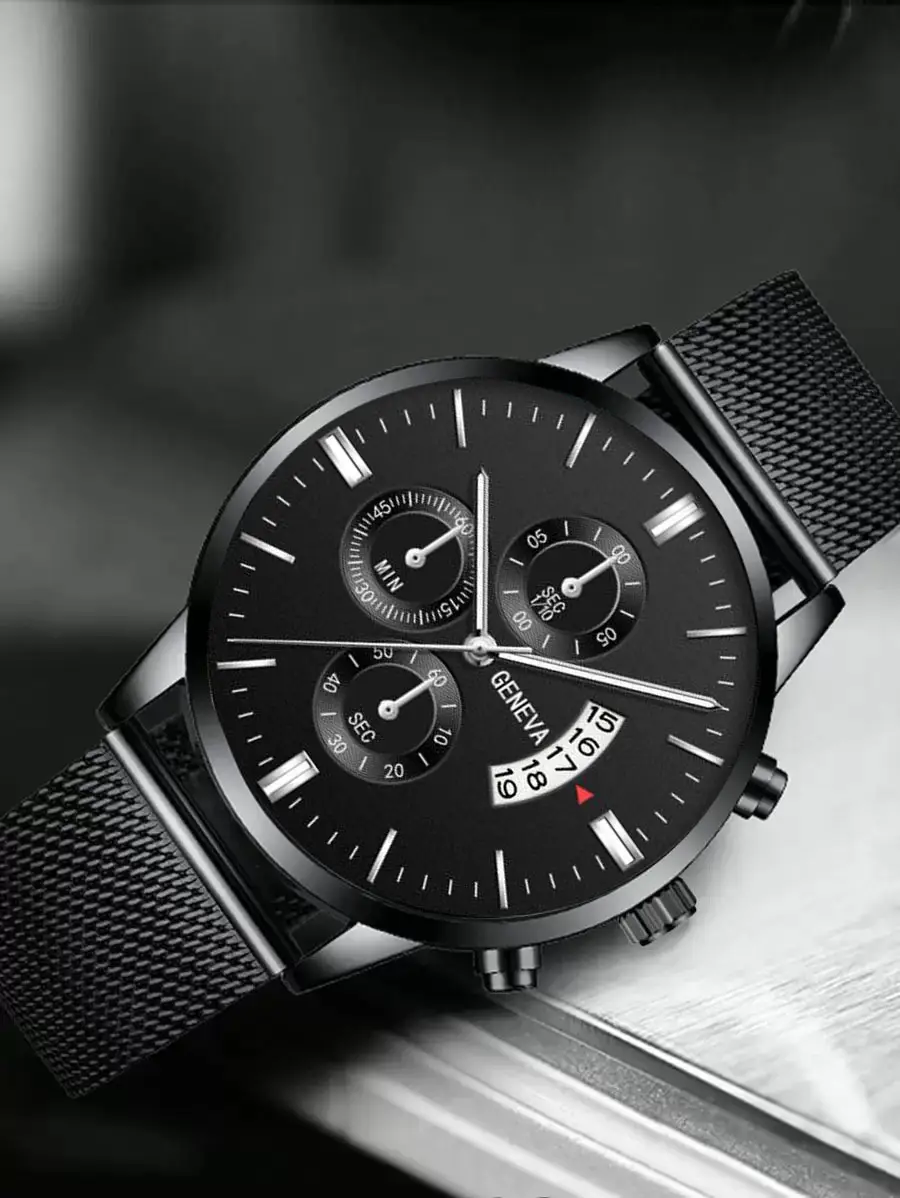 Men's Black Chronograph Watch with 3-Eye Calendar & Quartz Belt — feature 4