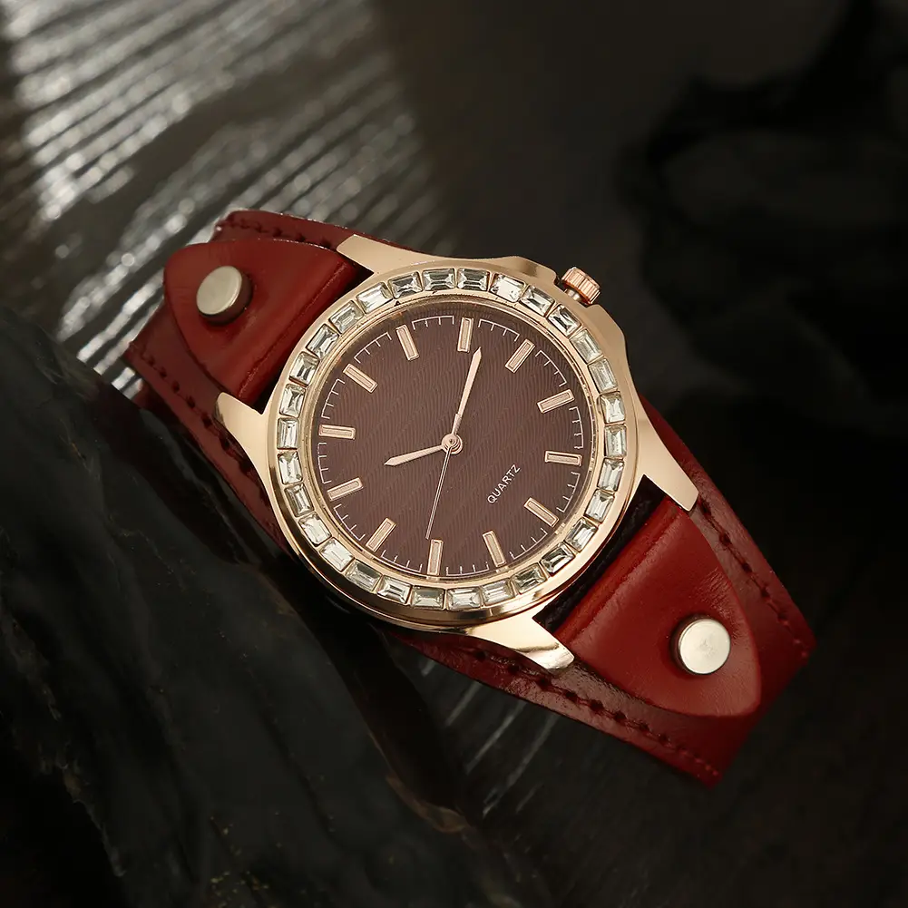Women's Diamond Encrusted Quartz Watch Red Leather Strap - Image 7